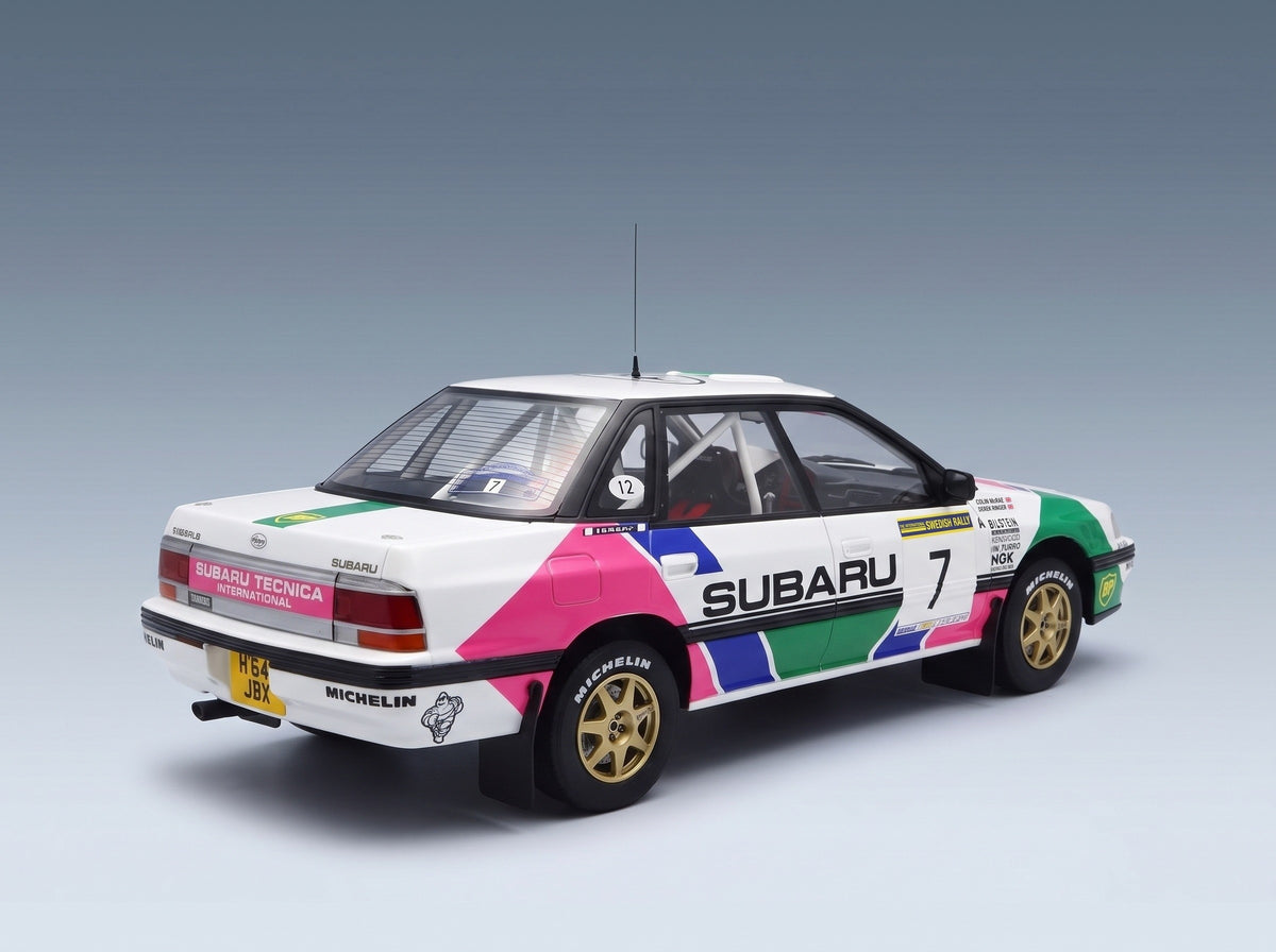 Subaru Legacy RS No. 7 2nd Swedish Rally 1992 Colin McRae Derek Ringer with Showcase Top Marques 1:18 scale model - rear three-quarter view