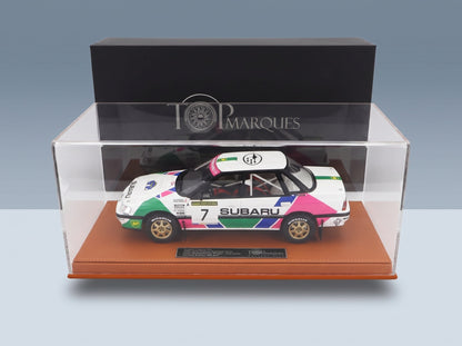 Subaru Legacy RS No. 7 2nd Swedish Rally 1992 Colin McRae Derek Ringer with Showcase Top Marques 1:18 scale model - side view in display case