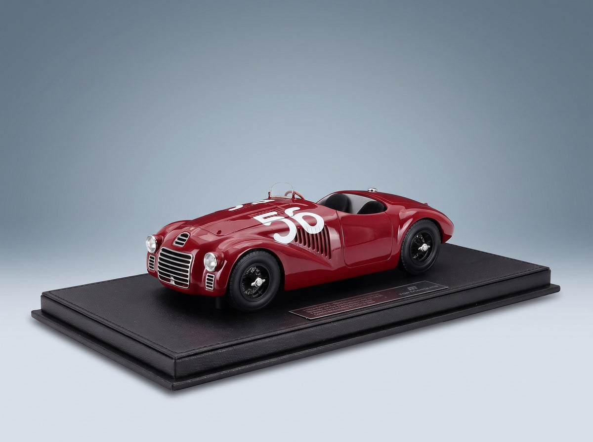Ferrari 125 S Spider No. 56 Winner Circuito di Caracalla Roma Franco Cortese 1947 Topmarques 1:18 scale model - front three-quarter view on display base