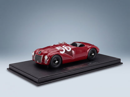 Ferrari 125 S Spider No. 56 Winner Circuito di Caracalla Roma Franco Cortese 1947 Topmarques 1:18 scale model - front three-quarter view on display base