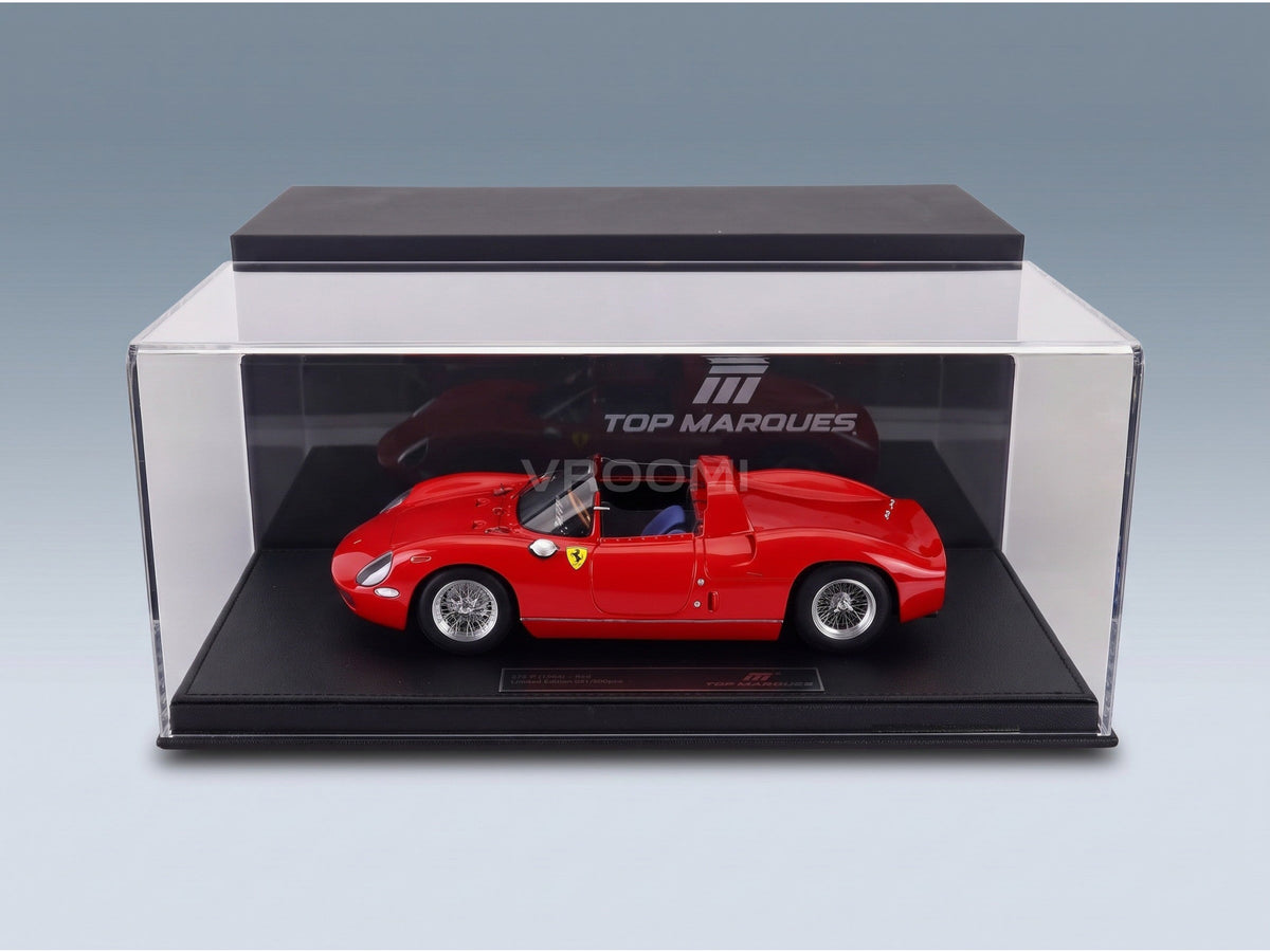 Ferrari 275 P Spider Street Version 1964 Red Top Marques 1:18 scale model - side view in display case