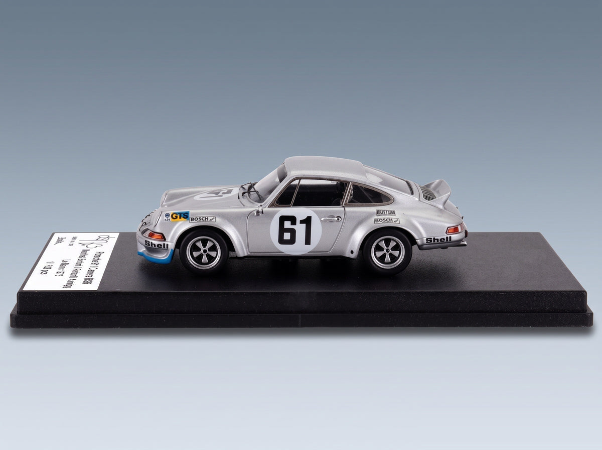 Porsche 911 Carrera RSR Martini Racing No. 61 Schurti Koinigg 4h Le Mans 1973 Trofeu 1:43 scale model - front three-quarter view on display base