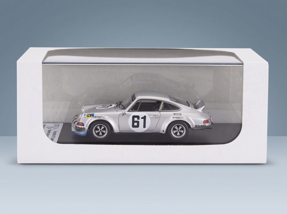 Porsche 911 Carrera RSR Martini Racing No. 61 Schurti Koinigg 4h Le Mans 1973 Trofeu 1:43 scale model - side view in display case