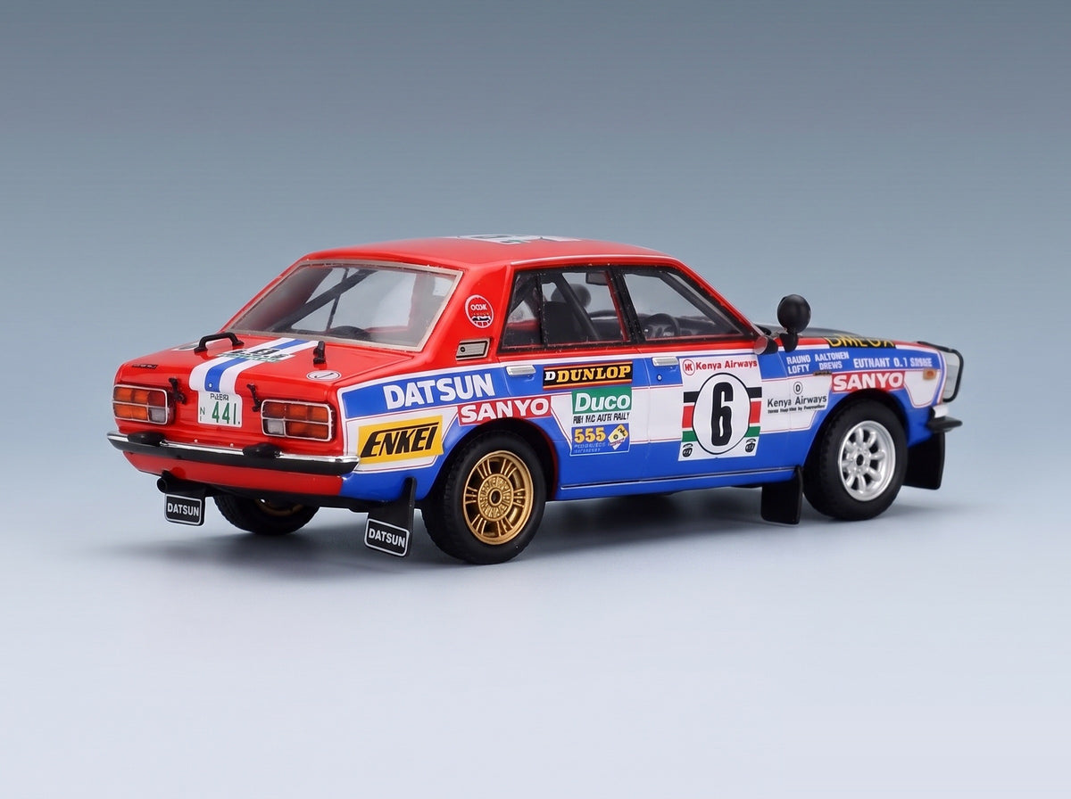 Datsun 160J Night Version No. 6 Aaltonen Drews Safari Rally 1978 Trofeu 1:43 scale model - rear three-quarter view