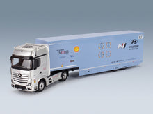 Mercedes-Benz Actros MP4 1851 Bigspace Car Transporter Hyundai Shell Mobis WRT Rally 2024 Light Blue White IXO Models 1:43 scale model - front three-quarter view