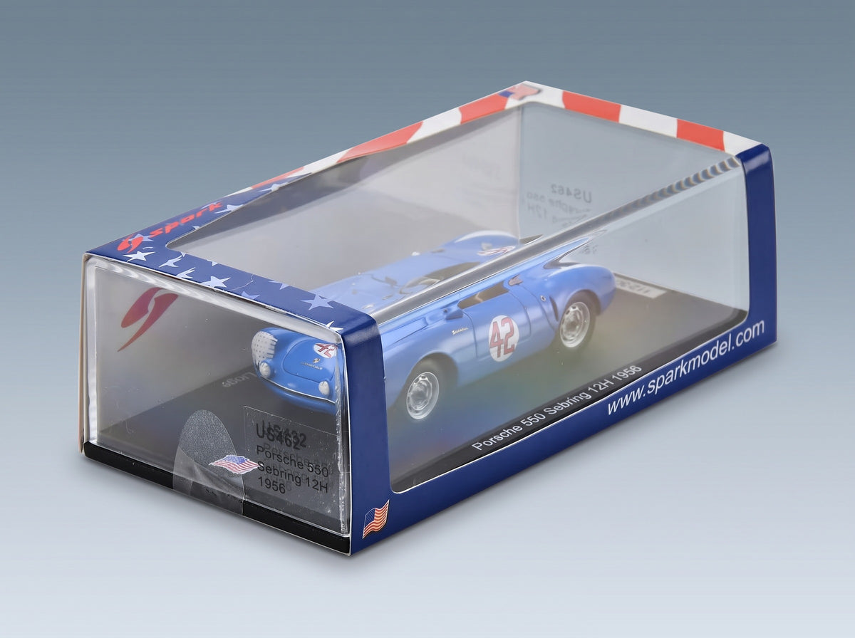 Porsche 550 Spyder No. 42 Crawford Linge von Hanstein 12h Sebring 1956 Spark Model 1:43 scale model - original packaging