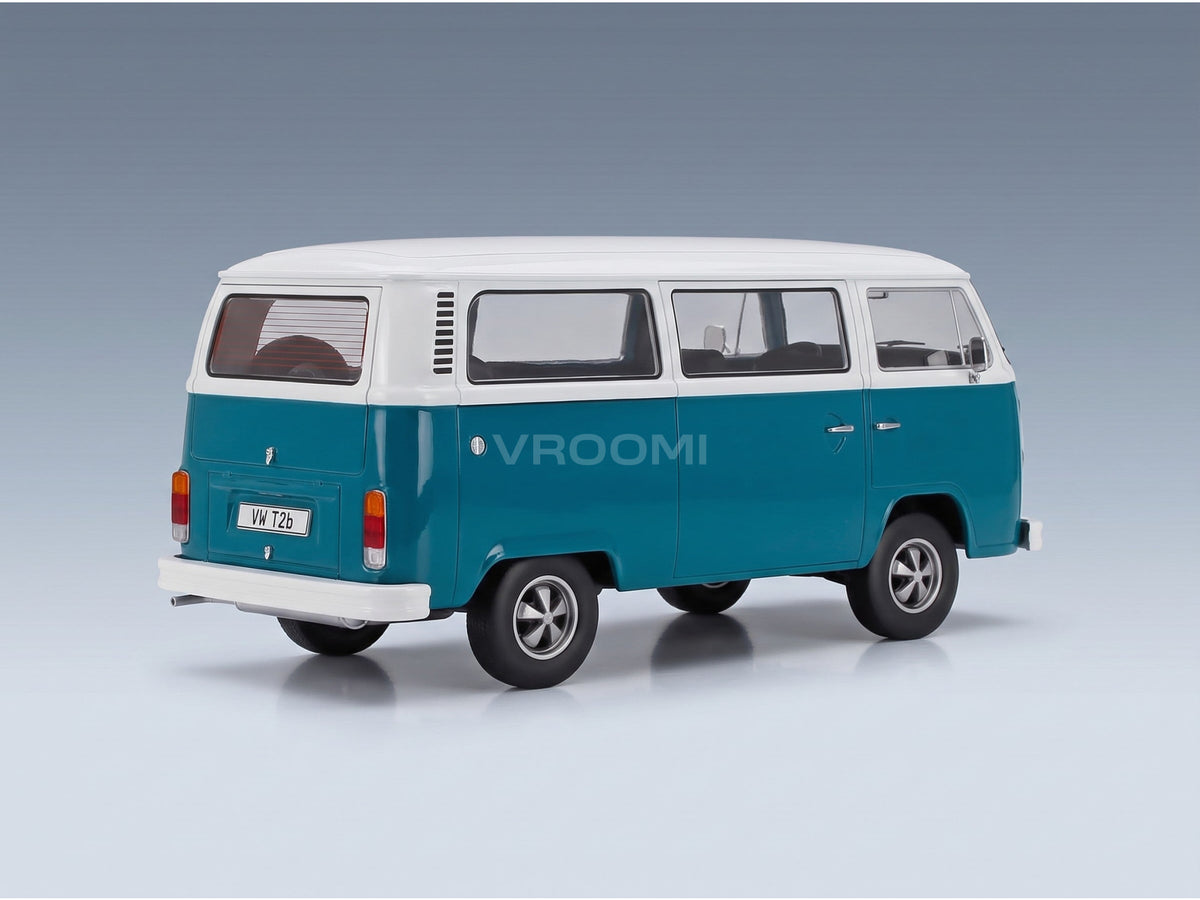 Volkswagen T2b Minibus 1972 Blue White with Fuchs Rims KK Scale 1:18 scale model - rear three-quarter view