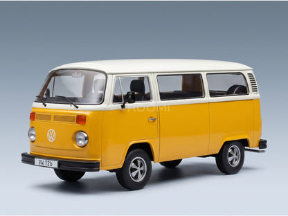 Volkswagen T2b Minibus 1972 Yellow White with Fuchs Rims KK Scale 1:18 scale model - front three-quarter view