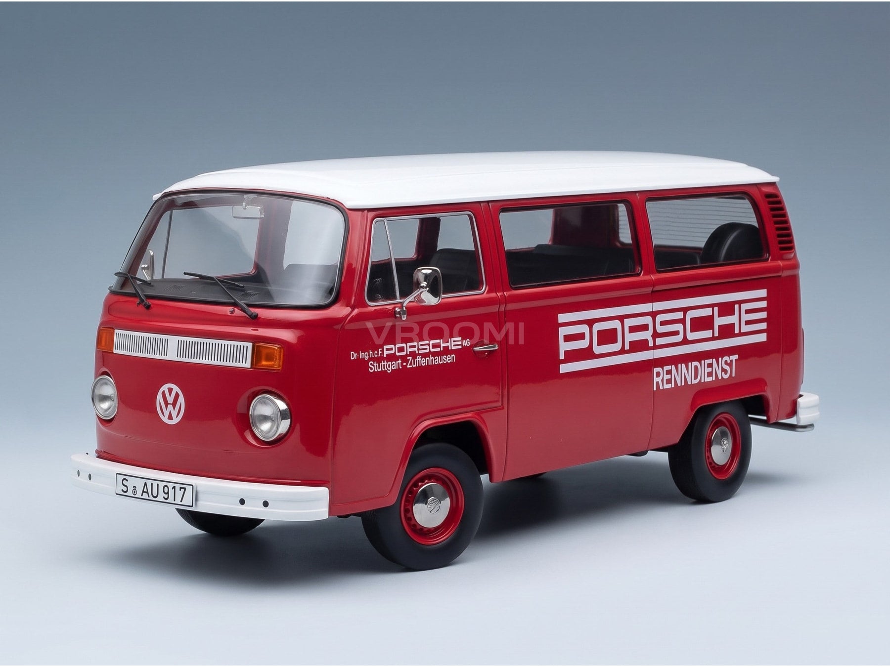 Porsche T2b Minibus Renndienst Stuttgart Zuffenhausen 1972 Red White KK Scale 1:18 scale model - front three-quarter view