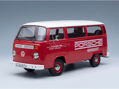 VOLKSWAGEN - T2b MINIBUS PORSCHE RENNDIENST STUTTGART ZUFFENHAUSEN 1972 - RED WHITE - front three-quarter view