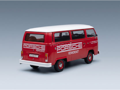 VOLKSWAGEN - T2b MINIBUS PORSCHE RENNDIENST STUTTGART ZUFFENHAUSEN 1972 - RED WHITE - rear three-quarter view