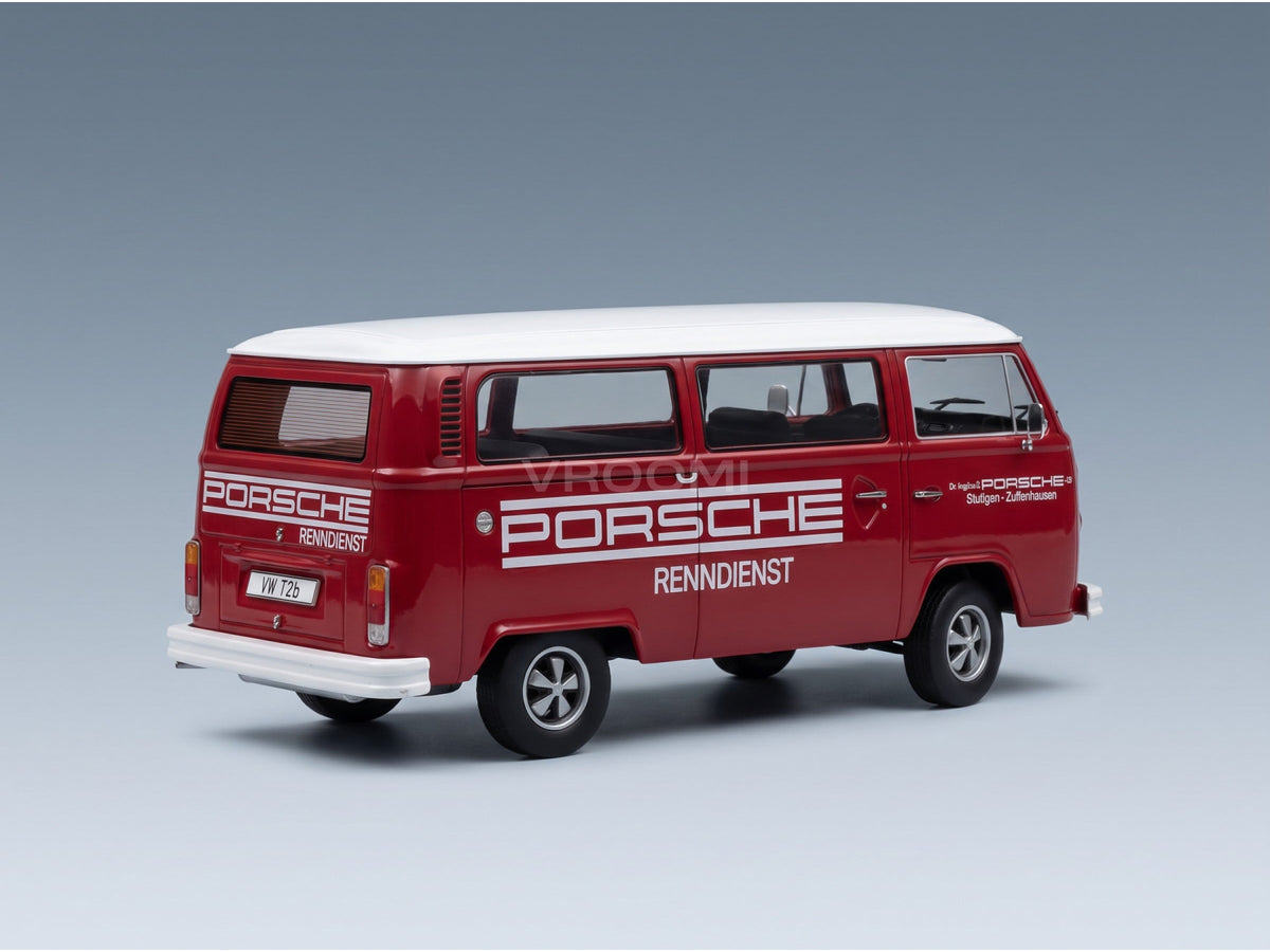 VOLKSWAGEN - T2b MINIBUS PORSCHE RENNDIENST STUTTGART ZUFFENHAUSEN 1972 - WITH FUCHS RIMS - RED WHITE - rear three-quarter view
