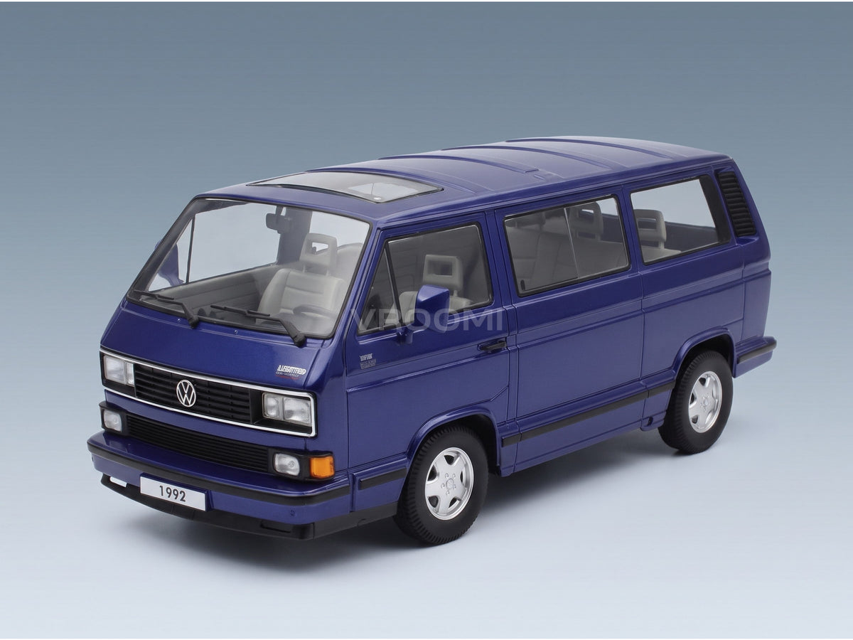 Volkswagen T3 Multivan Minibus Last Edition 1992 Blue Metallic KK Scale 1:18 scale model - front three-quarter view