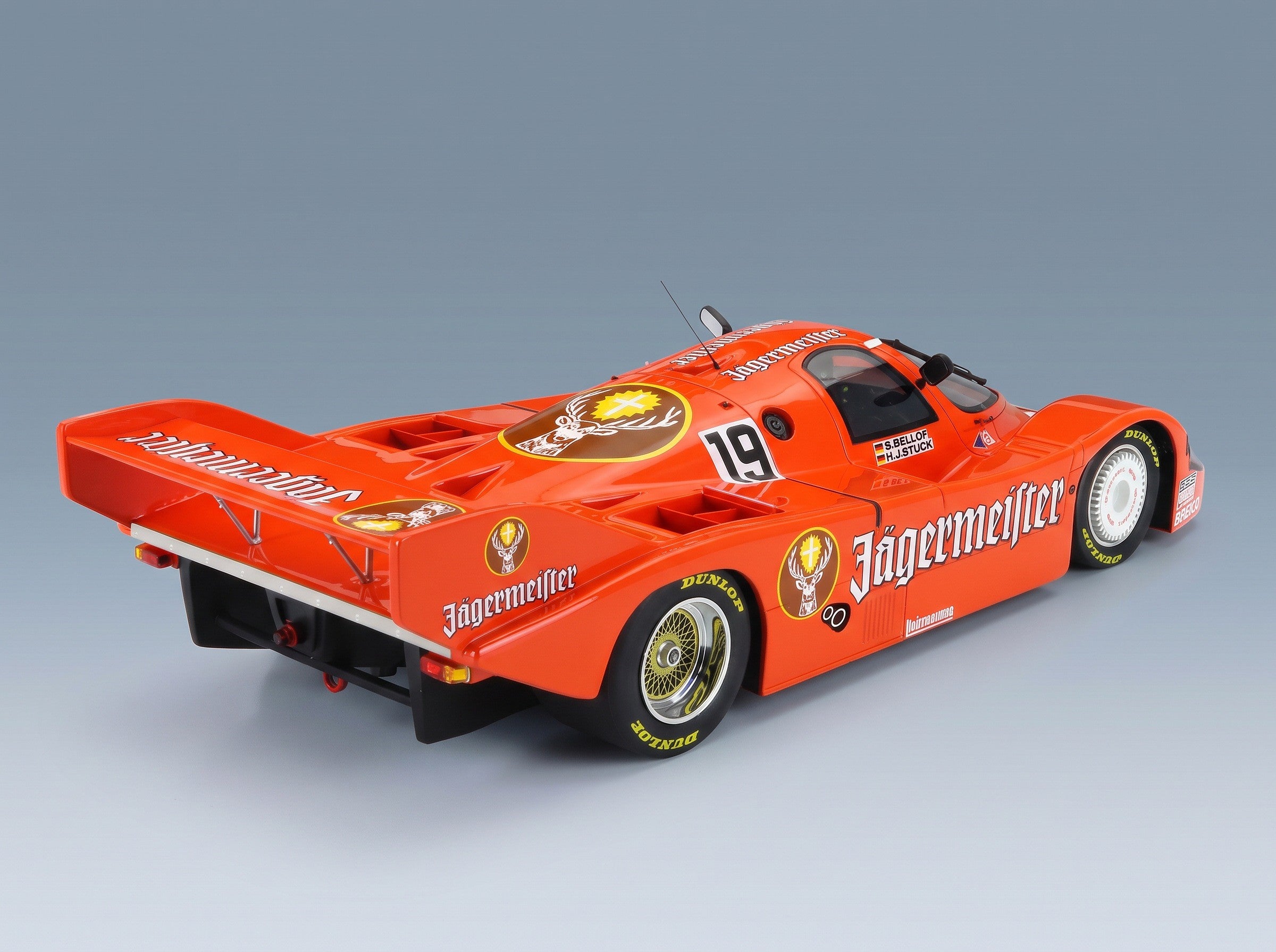 Porsche 956B Jägermeister Team Brun Motorsport No. 19 Hans Joachim Stuck Stefan Bellof Winner 1000km Monza 1984 Werk83 1:12 scale model - rear three-quarter view