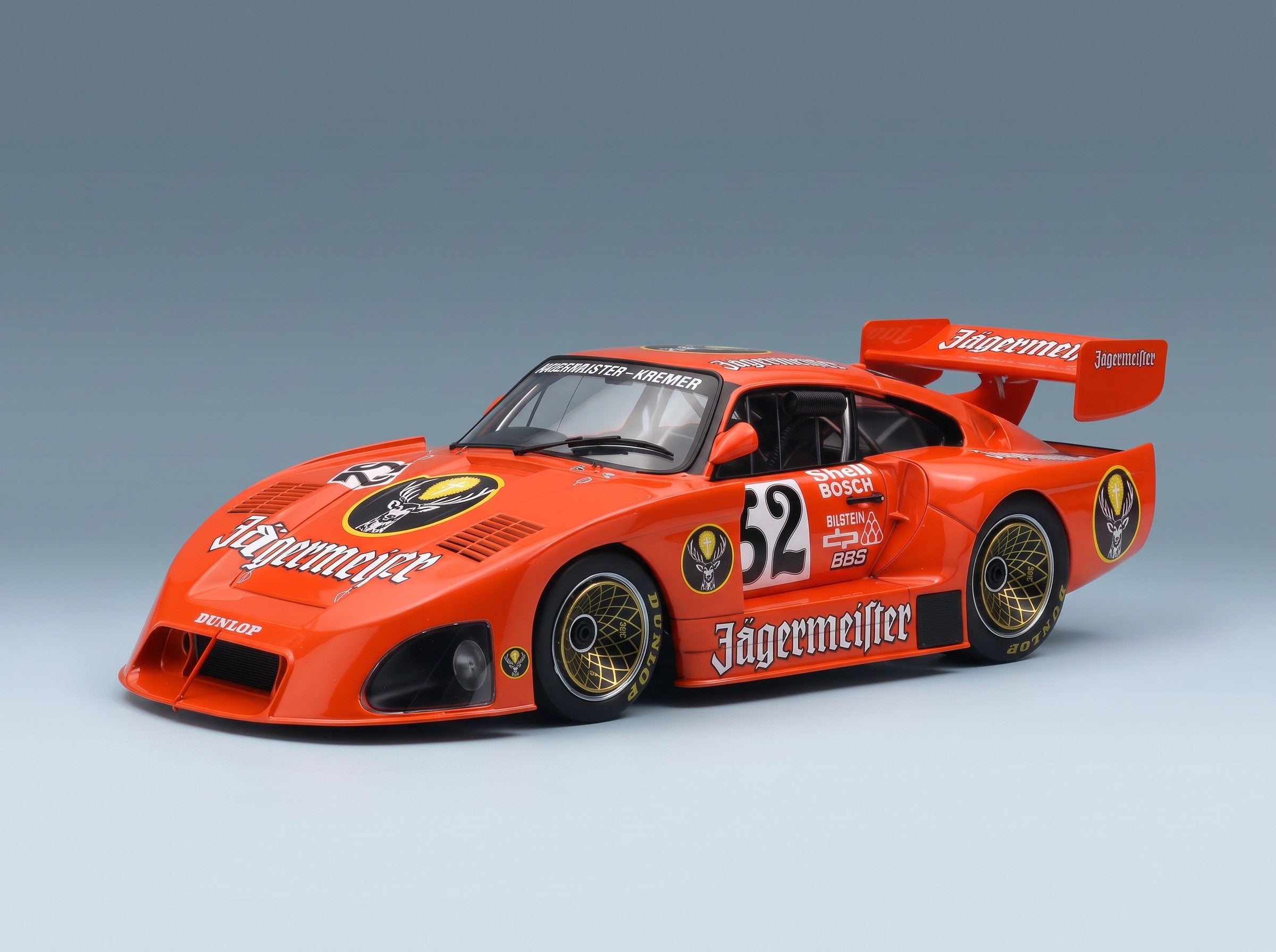 Porsche 935 K4 Turbo Team Kremer Jägermeister No. 52 B. Wollek 2nd Zolder DRM 1981 Werk83 1:18 scale model - front three-quarter view