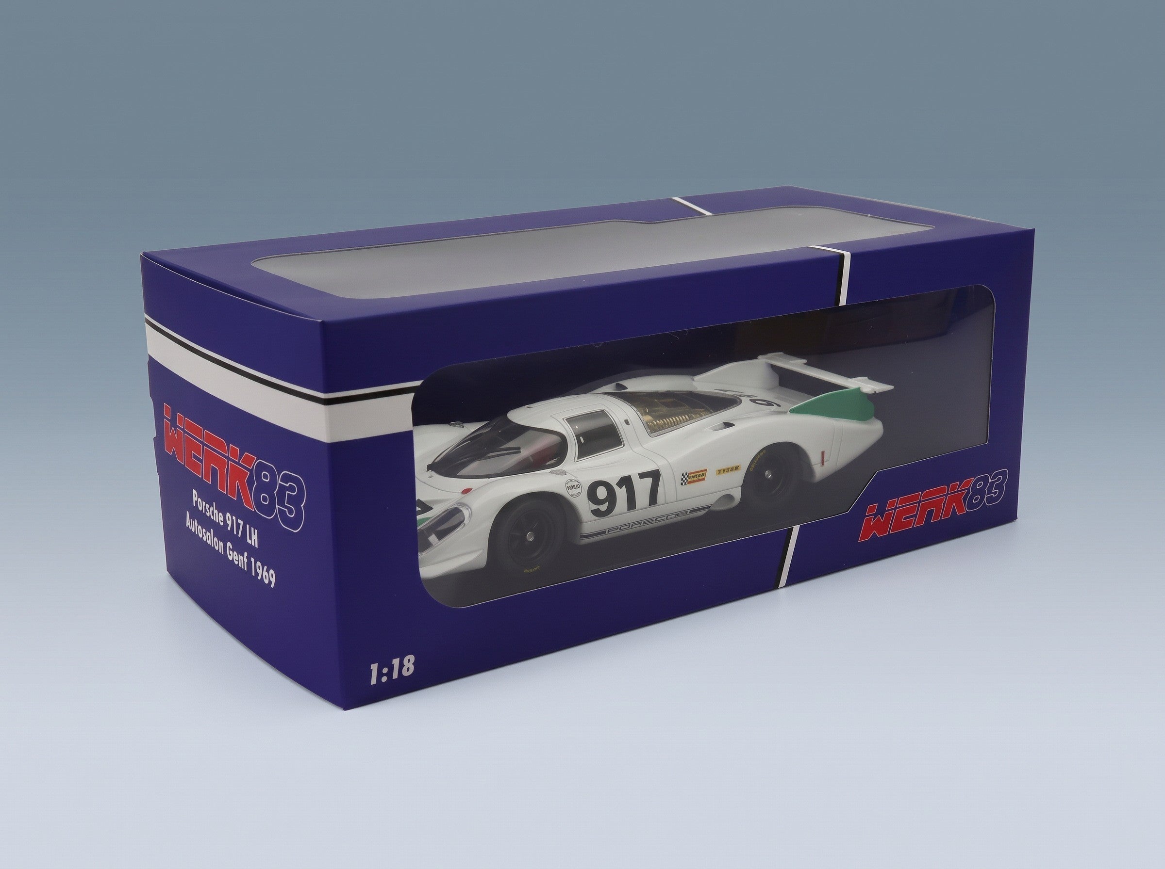 Porsche 917 LH 4.5L No. 917 Geneva Motor Show 1969 White Green Werk83 1:18 scale model - original packaging