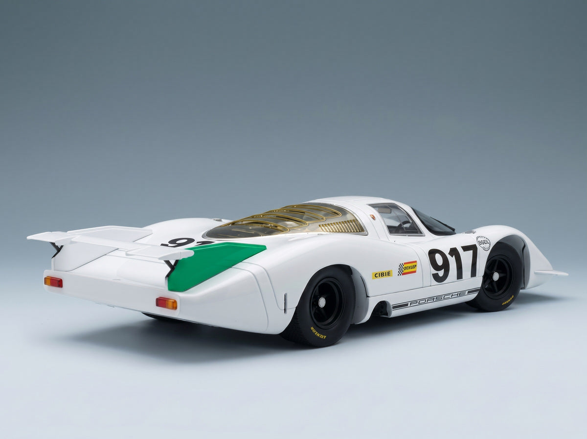 Porsche 917 LH 4.5L No. 917 Geneva Motor Show 1969 White Green Werk83 1:18 scale model - rear three-quarter view