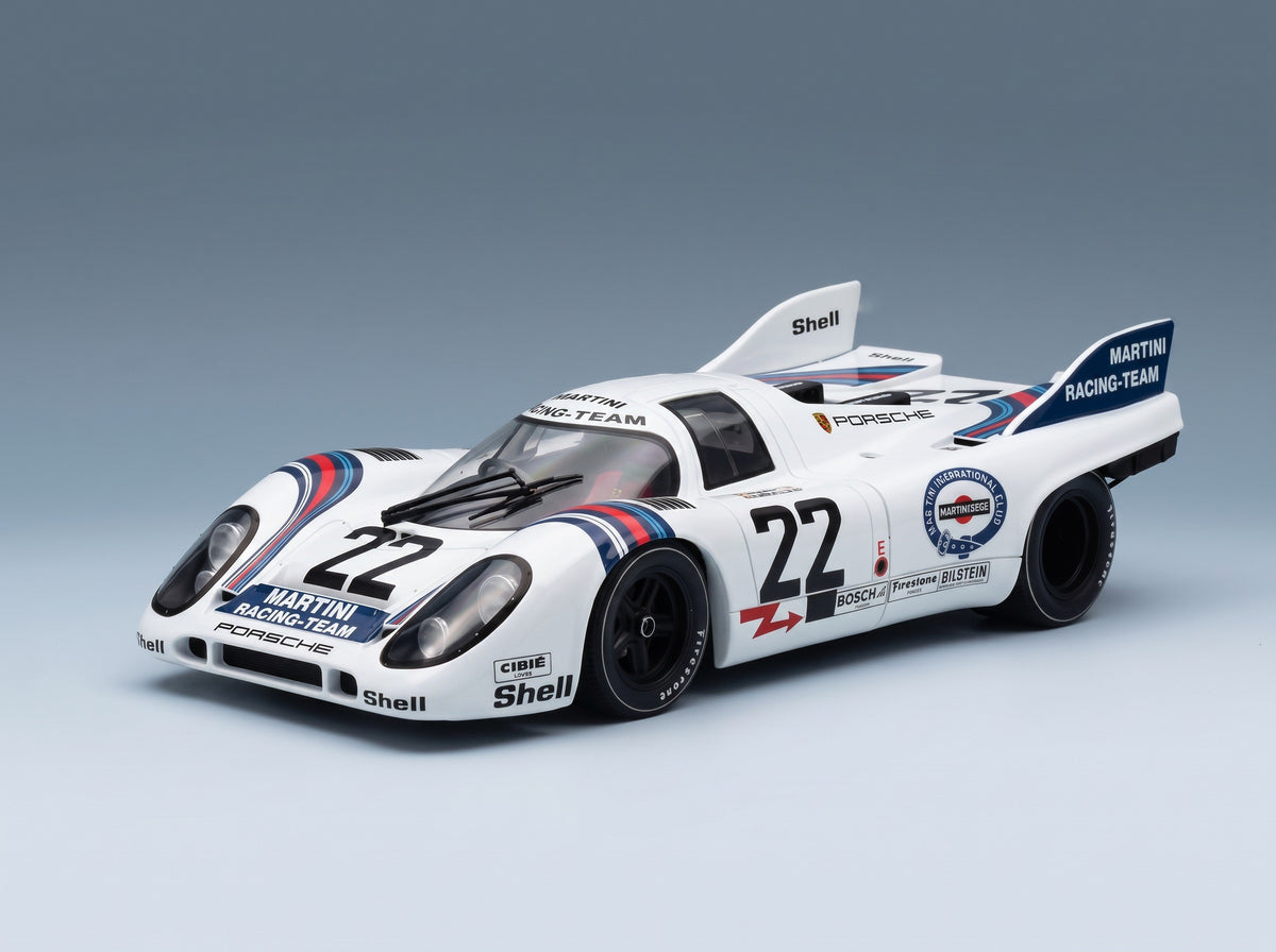 Porsche 917K 4.9L Martini Racing No. 22 Helmut Marko Gijs van Lennep Winner 24h Le Mans 1971 Werk83 1:18 scale model - front three-quarter view