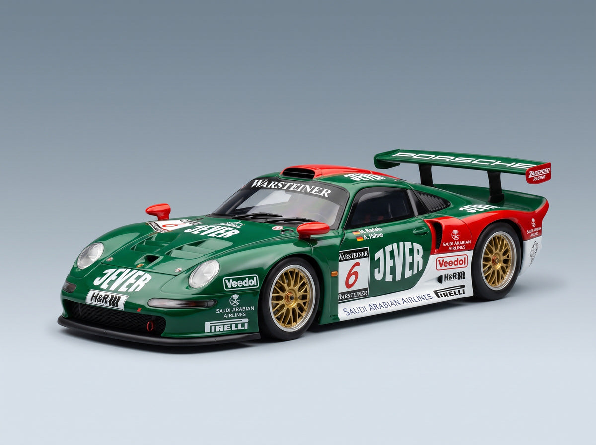 Porsche 911 GT1-98 Team Zakspeed Racing No. 6 Michael Bartels Armin Hahne FIA GT Championship Silverstone 1998 Werk83 1:18 scale model - front three-quarter view