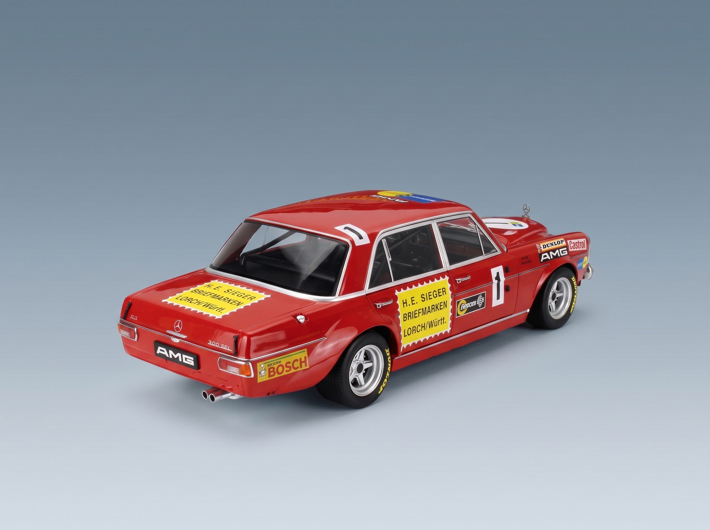 Mercedes-Benz 300 SEL 6.8 Team Mercedes AMG No. 1 Hans Heyer Thomas Betzler 24h Nürburgring 1972 Werk83 1:18 scale model - rear three-quarter view