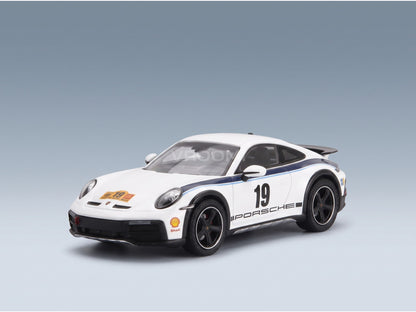Porsche 911 992 No. 19 Rally Dakar Design Package 2024 Spark Model 1:43 scale model - front three-quarter view