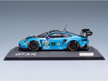PORSCHE - 911 992 GT3 R 4.2L TEAM MANTHEY 1st PHORM N 92 WINNER LMGT3 CLASS 24h LE MANS 2025 RICCARDO PERA - RICHARD LIETZ - RYAN HARDWICK - BLUE BLACK scale model - side view on display base
