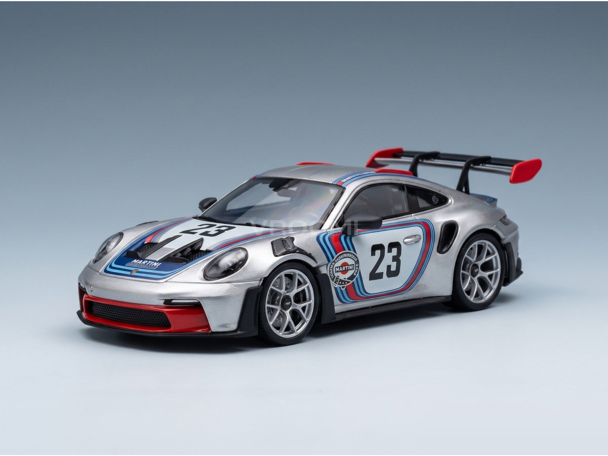 Porsche 911 GT3 RS (992) No. 23 Sonderwunsch 2024 Silver Red Blue Spark Model 1:43 scale model - front three-quarter view