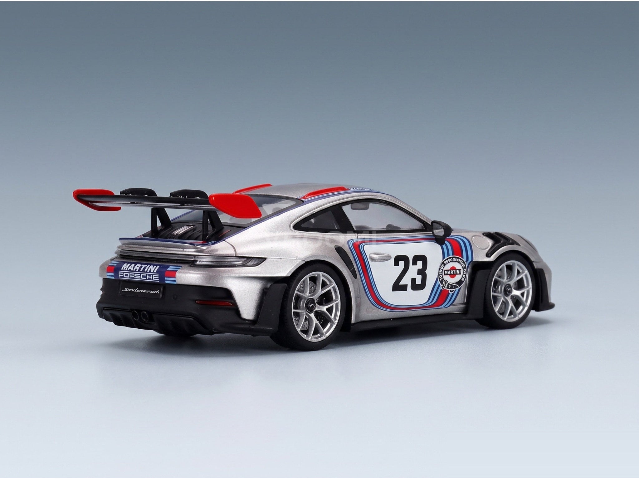 Porsche 911 GT3 RS (992) No. 23 Sonderwunsch 2024 Silver Red Blue Spark Model 1:43 scale model - rear three-quarter view