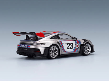 Porsche 911 GT3 RS (992) No. 23 Sonderwunsch 2024 Silver Red Blue Spark Model 1:43 - rear three-quarter view