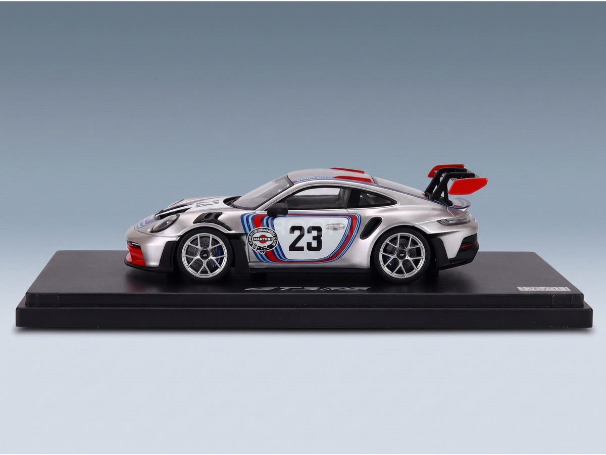 Porsche 911 GT3 RS (992) No. 23 Sonderwunsch 2024 Silver Red Blue Spark Model 1:43 scale model - side view