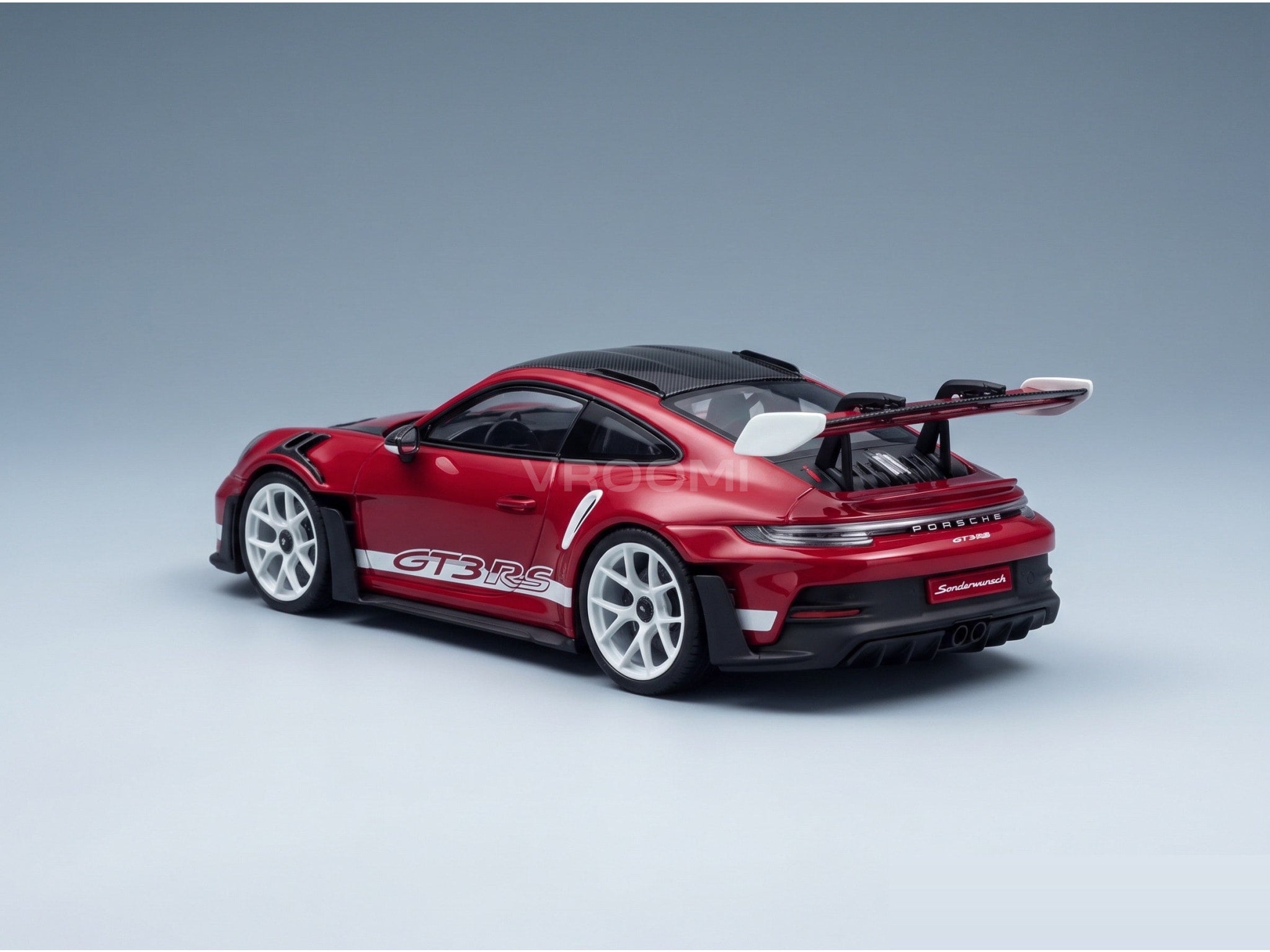 Porsche 911 GT3 RS (992) Sonderwunsch 2024 Ruby Star Spark Model 1:43 scale model - rear three-quarter view