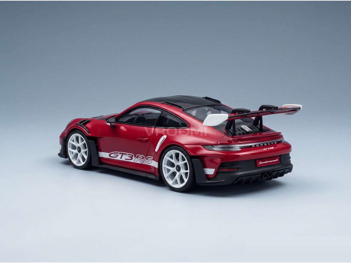 Porsche 911 GT3 RS (992) Sonderwunsch 2024 Ruby Star Spark Model 1:43 scale model - rear three-quarter view