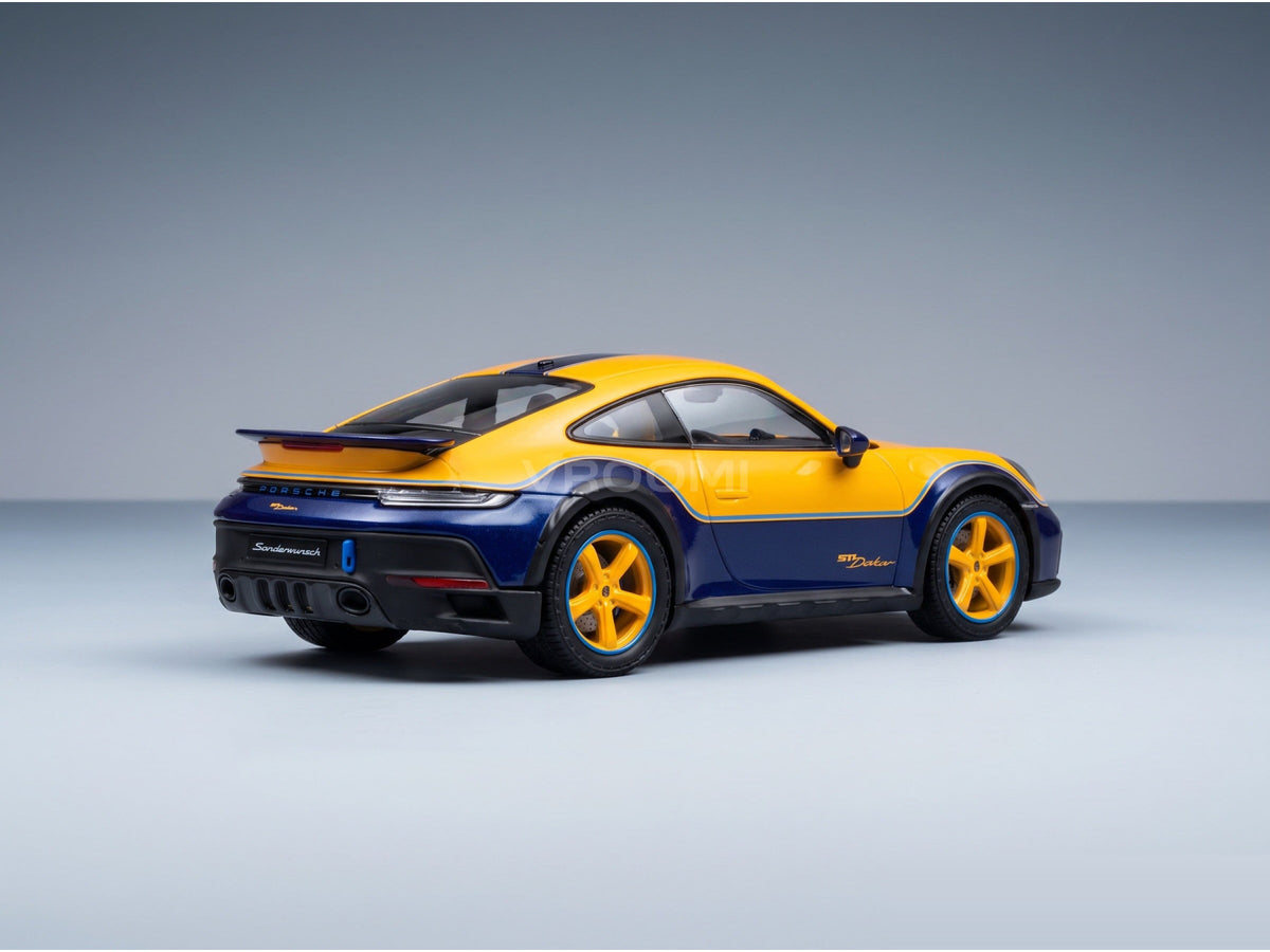 Porsche 911 Dakar (992) Sonderwunsch 2024 Signal Yellow Gentian Blue Metallic Spark Model 1:43 - rear three-quarter view