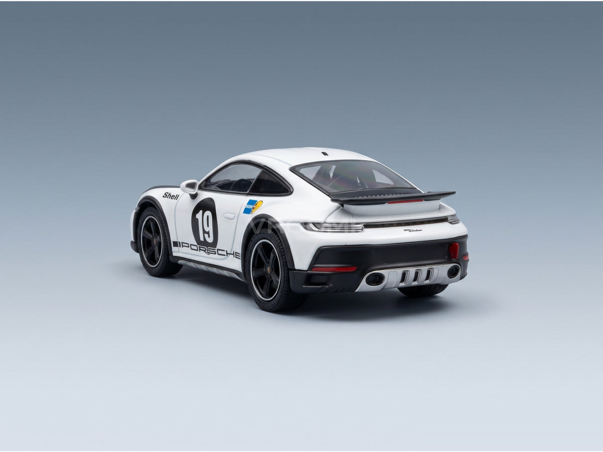 Porsche 911 992 No. 19 Rally Dakar Livery 1971 Coupé 2023 Spark Model 1:43 scale model - rear three-quarter view