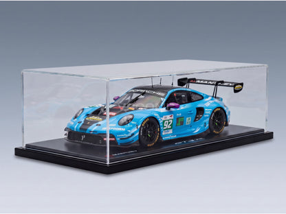 Porsche 911 GT3 R (992) Manthey 1st Phorm No. 92 Hardwick Lietz Pera Winner LMGT3 24h Le Mans 2025 with Showcase Spark 1:18 scale model - side view in display case