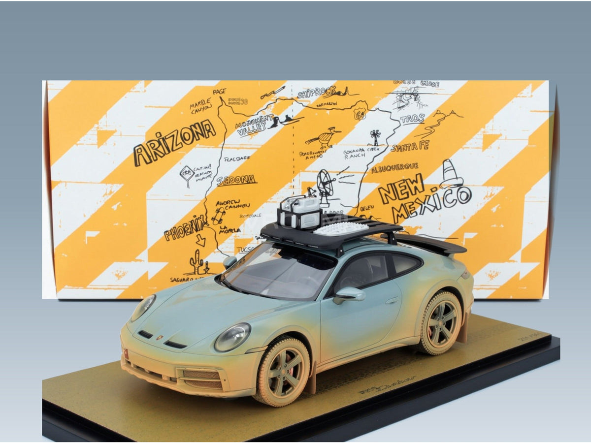 Porsche 911 992 Dakar No. 00 Ahead Coupé 2024 with Showcase Spark Model 1:18 scale model - front three-quarter view
