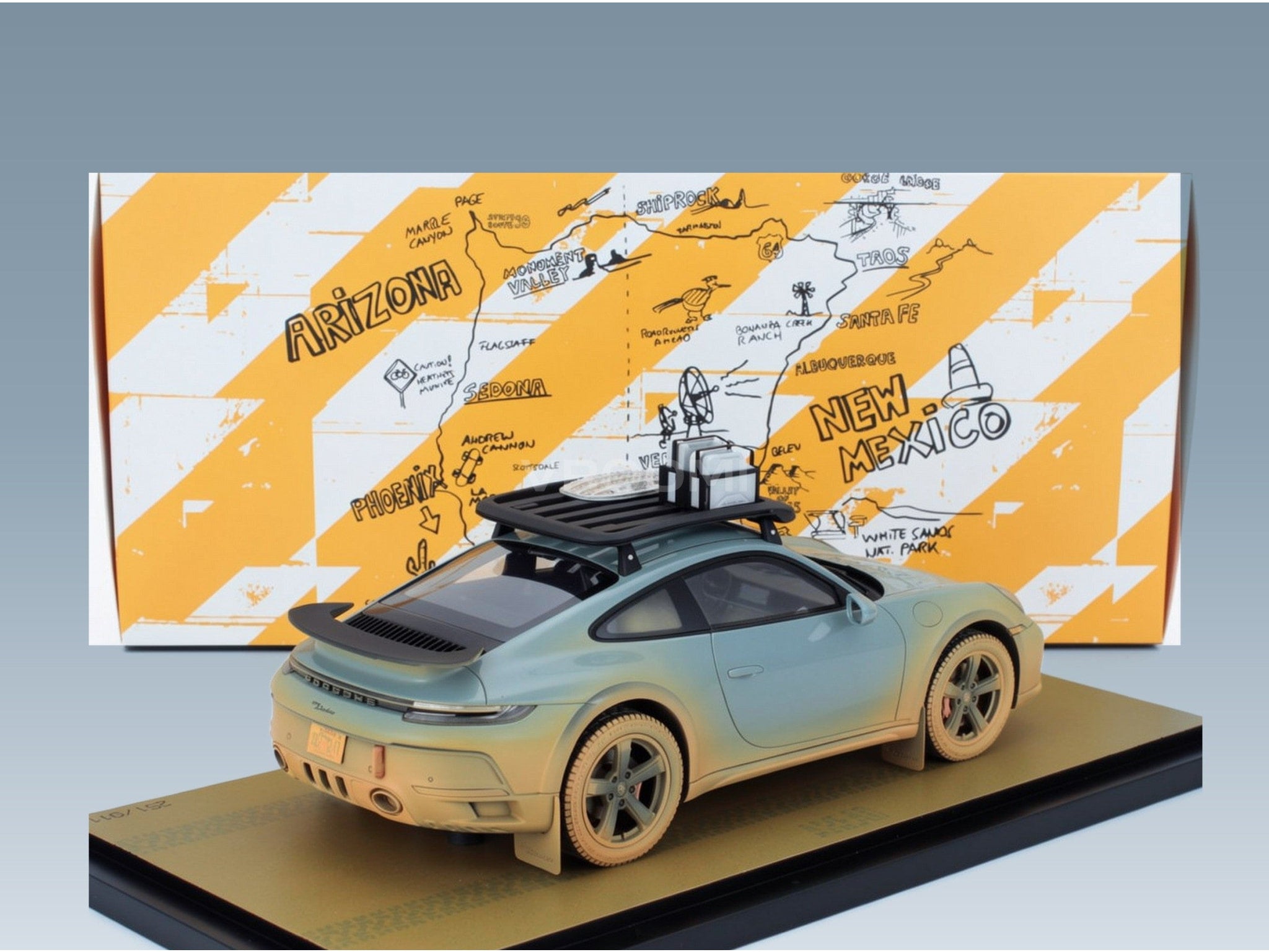 Porsche 911 992 Dakar No. 00 Ahead Coupé 2024 with Showcase Spark Model 1:18 scale model - rear three-quarter view