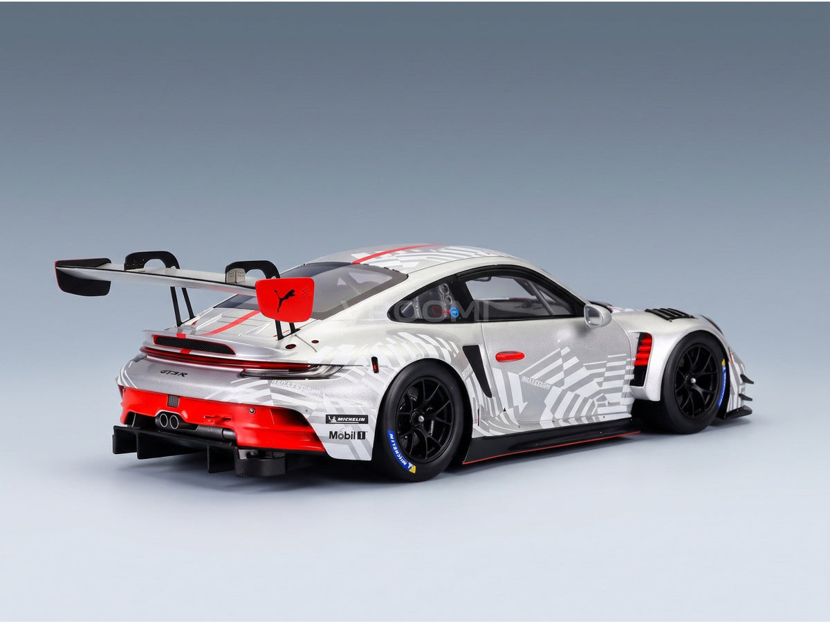 PORSCHE - 911 992 GT3 R EVO RACING COUPE 2024 - CON VETRINA - WITH SHOWCASE - SILVER scale model - rear three-quarter view