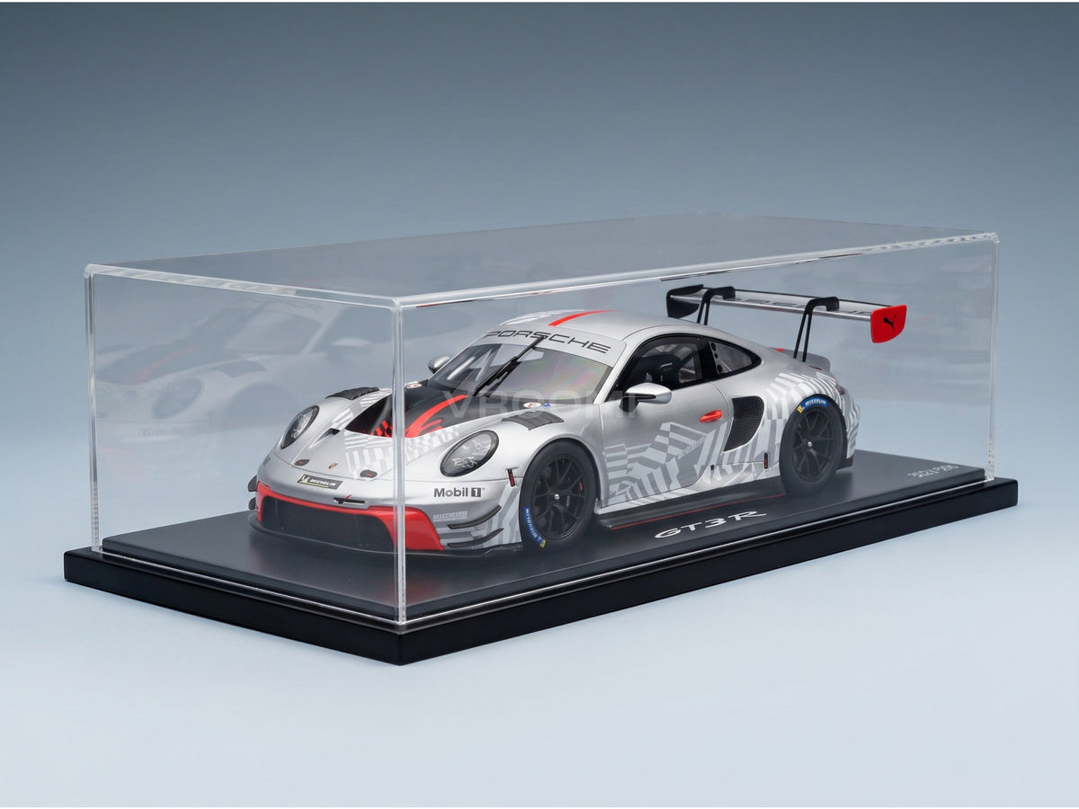 PORSCHE - 911 992 GT3 R EVO RACING COUPE 2024 - CON VETRINA - WITH SHOWCASE - SILVER scale model - side view in display case
