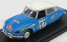 Modelo de coche de carreras Citroën DS azul y blanco con el número 27 y pegatinas de patrocinadores, disponible en Vroomi.