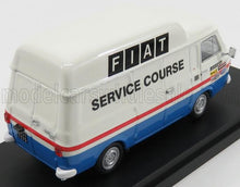 Furgoneta vintage FIAT Service Course blanca y azul con adhesivos de patrocinadores, disponible en Vroomi.