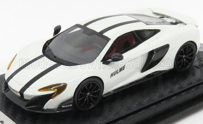 White McLaren 570S model car with black racing stripes and Hulme logo, offered via Vroomi