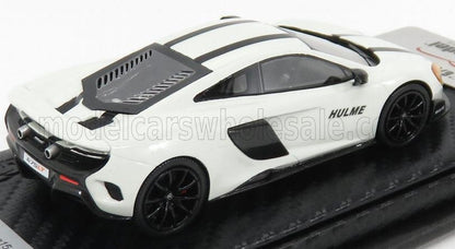White McLaren 675LT model car with black wheels, 'HULME' decal, displayed on a black platform, also offered on Vroomi