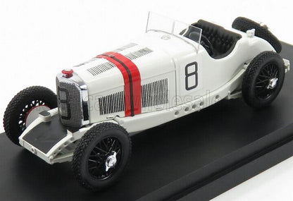 White vintage race car model with red stripes and number 8, displayed on black base, available on Vroomi