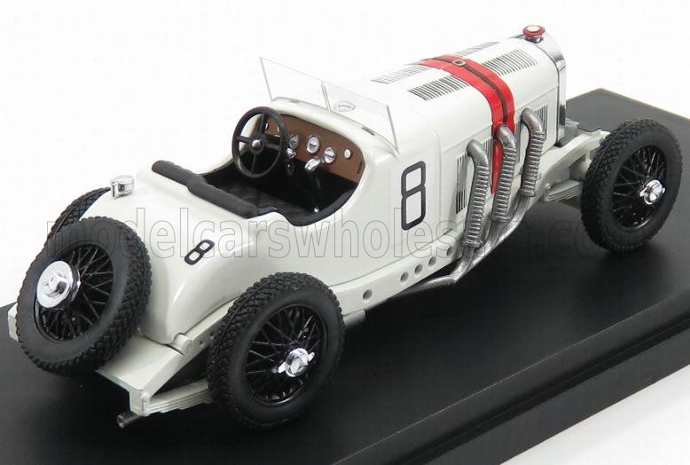 White vintage race car model with red stripe and number 8, displayed on black base, available on Vroomi