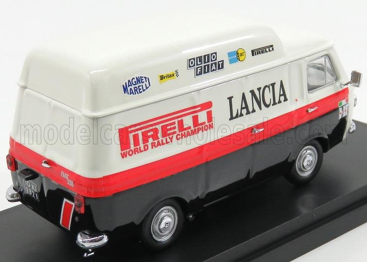 Modelo a escala de una furgoneta de rally Lancia vintage con adhesivos del Campeonato Mundial de Rally Pirelli, disponible en Vroomi.