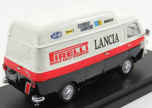 Modelo a escala de una furgoneta de rally Lancia vintage con adhesivos del Campeonato Mundial de Rally Pirelli, disponible en Vroomi.