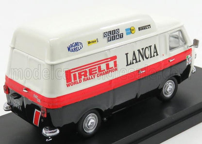 Modelo a escala de una furgoneta de rally Lancia vintage con adhesivos del Campeonato Mundial de Rally Pirelli, disponible en Vroomi.