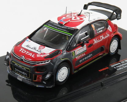 Modelo de coche de rally Citroën C3 WRC en rojo y negro con la marca Abu Dhabi y Total, disponible en Vroomi.