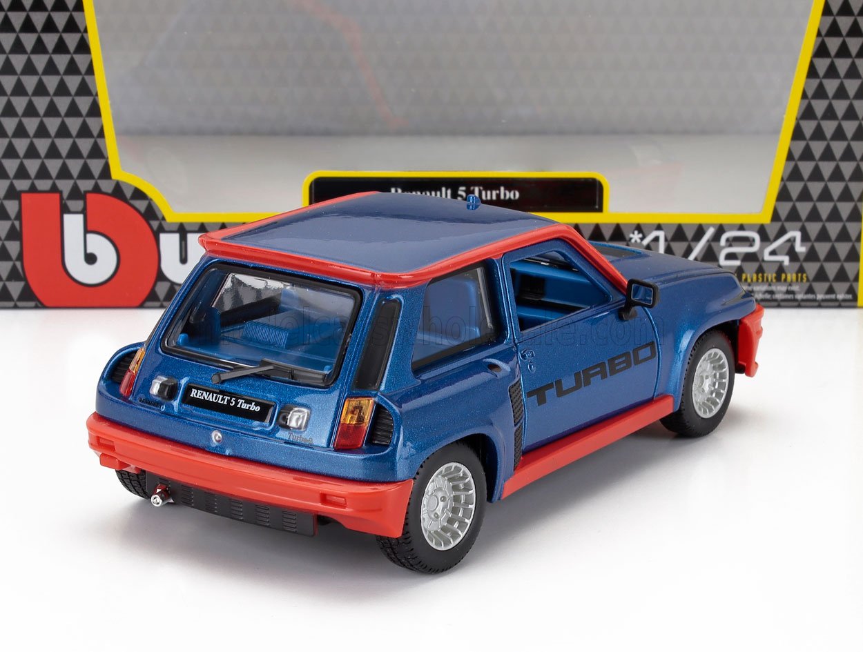 Modelo de coche Renault 5 Turbo azul y rojo con características detalladas, disponible para su compra en Vroomi.